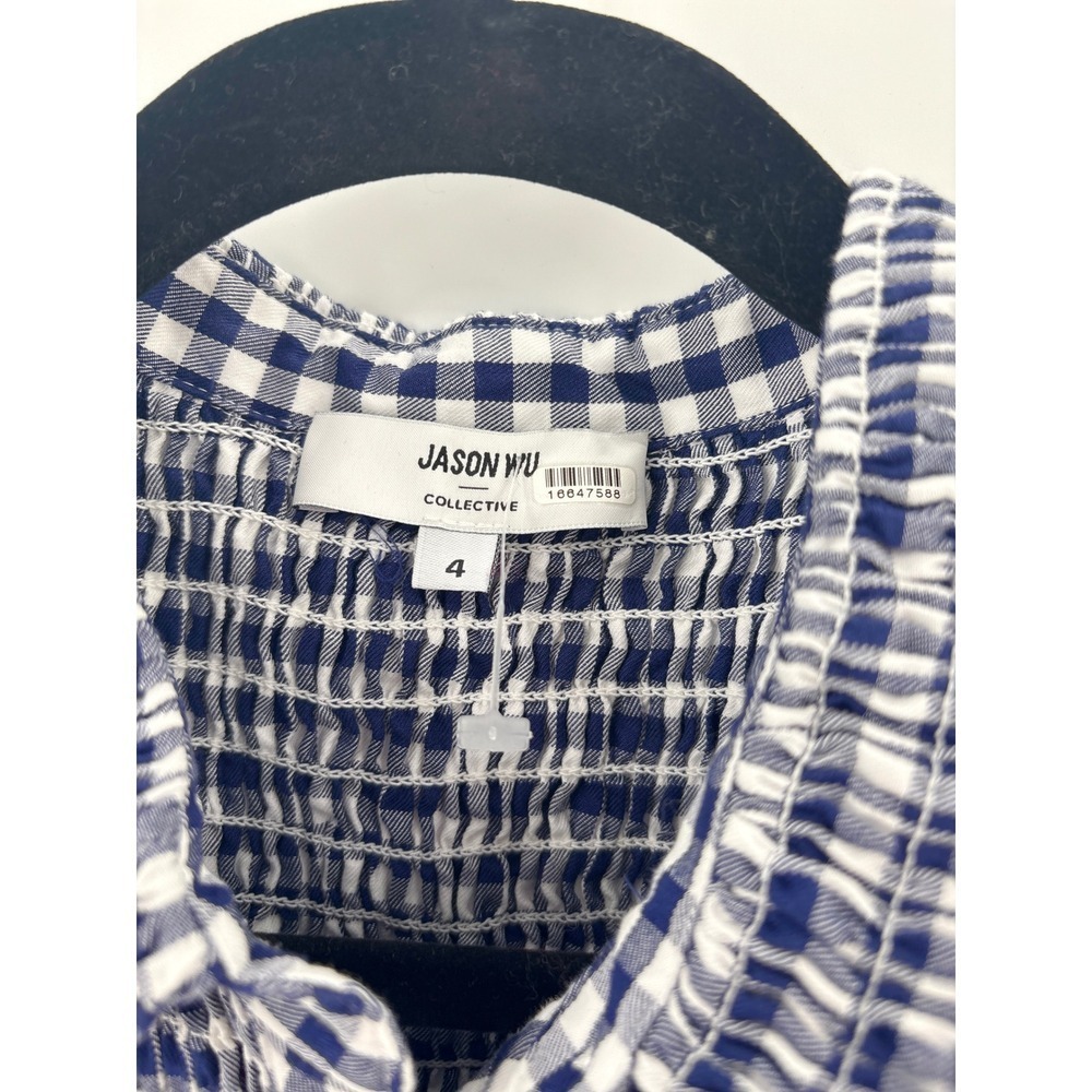 B35 Jason Wu Smocked Gingham Mini Dress 4 Navy White Collar Cotton Dinner Party - Picture 8 of 11